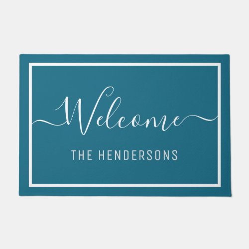 Custom Name Elegant Script Welcome Teal Doormat