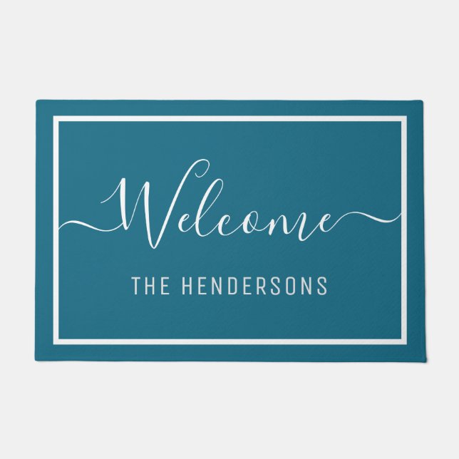 Custom Name Elegant Script Welcome Teal Doormat (Front)