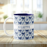 Custom Name Elegant Vintage Floral Blue Bows Two-Tone Coffee Mug<br><div class="desc">Sip pretty! This elegant mug features vintage florals and dainty blue bows with your custom name,  perfect for a timeless,  personalized gift or daily tea and coffee.</div>