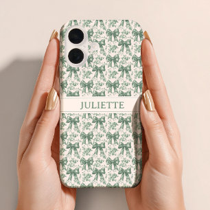 Custom Name Elegant Vintage Floral Green Bows iPhone 16 Case