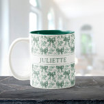 Custom Name Elegant Vintage Floral Green Bows Two-Tone Coffee Mug<br><div class="desc">Sip pretty! This elegant mug features vintage florals and dainty green bows with your custom name,  perfect for a timeless,  personalized gift or daily tea and coffee.</div>