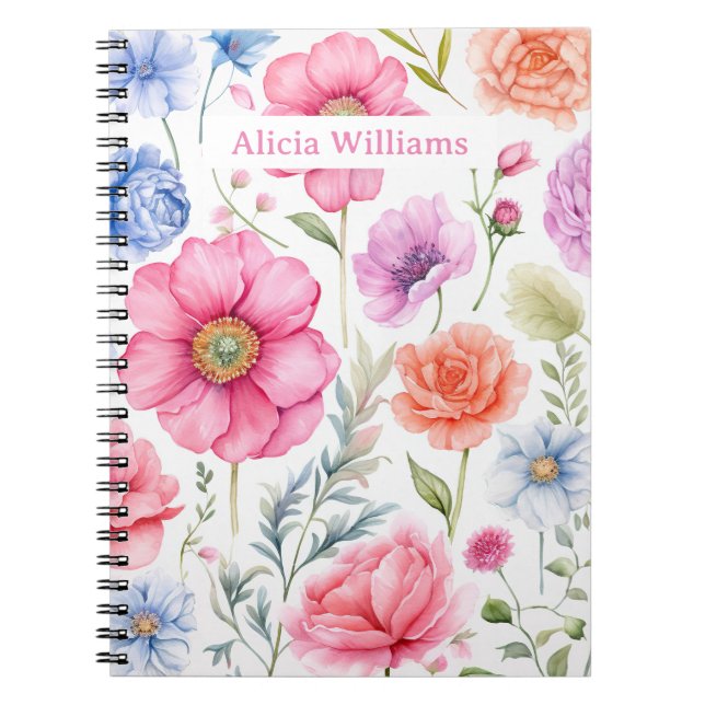 Custom Name Elegant Watercolor Floral Pattern  Notebook (Front)