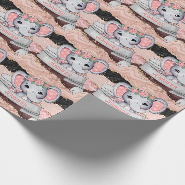 Custom Name Elephant Baby Girl Gold Glitter Pink Wrapping Paper (Corner)