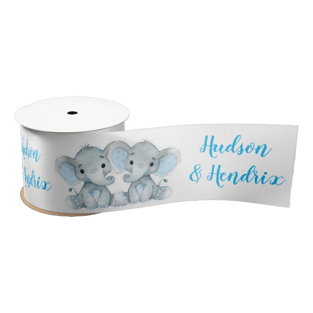 Custom Name Elephant Satin Ribbon Spool Twins Boys (Spool)