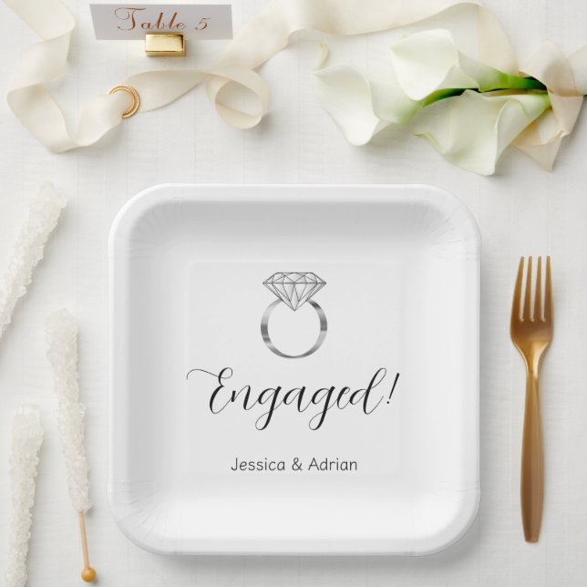 Custom Name Engaged Diamond Ring Engagement Party Paper Plates (Wedding)