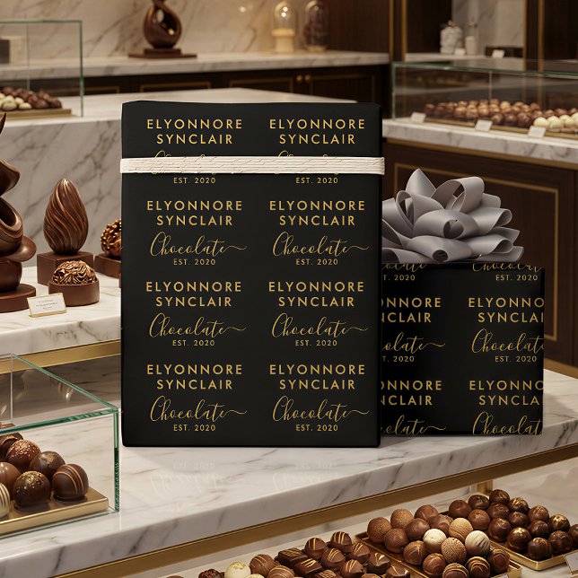 Custom Name Est Date Gold Script Chocolate Wrapping Paper (Creator Uploaded)