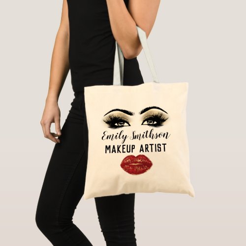 Custom Name Eyelashes Makeup Artist Kiss Red Gold Tote Bag
