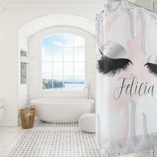 Custom Name Eyelashes Makeup Rose Girly Drips Shower Curtain