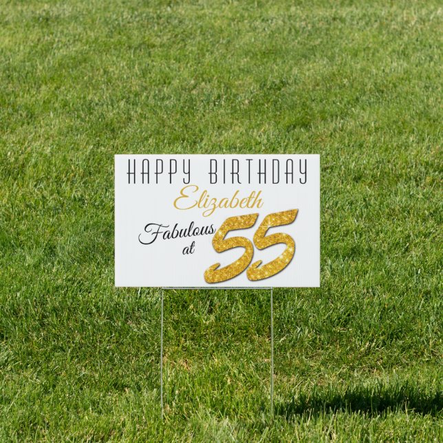 Custom Name Fabulous at 55 Birthday Gold Glitter Sign (Insitu)