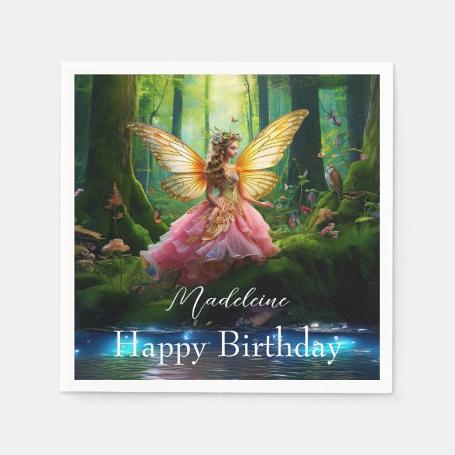 Custom Name Fairy Woodland Forest Happy Birthday Napkins (Front)