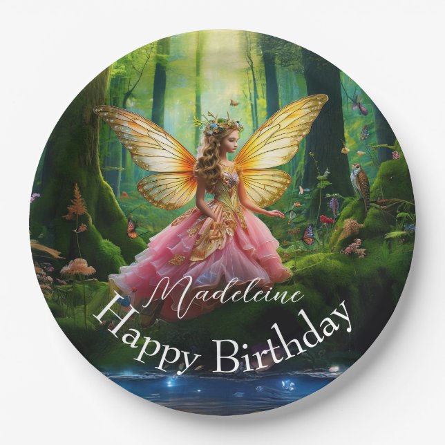 Custom Name Fairy Woodland Forest Happy Birthday Paper Plates (Front)