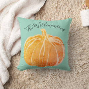 Custom Name Fall Pumpkin Green Orange Watercolor  Throw Pillow