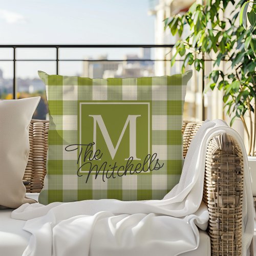 Custom Name Fall Season Green Gingham Pattern Outdoor Pillow