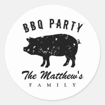 Custom Name Family Reunion Summer Bbq Party Pig Classic Round Sticker by cookinggifts at Zazzle