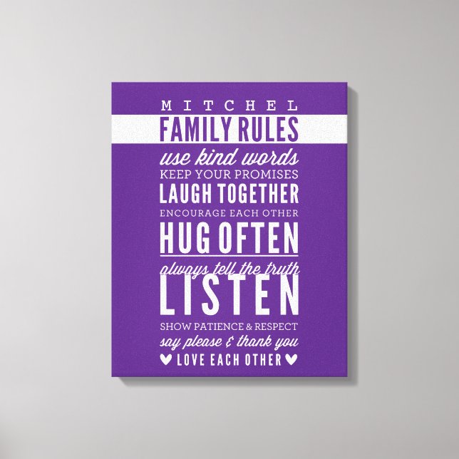 CUSTOM NAME FAMILY RULES modern typography purple Canvas Print (Front)
