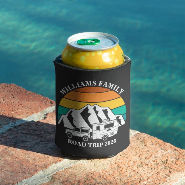 custom name family vacation mountain Road Trip Can Cooler (In Situ Pool)