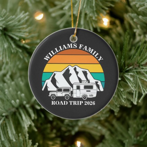 custom name family vacation mountain Road Trip Ceramic Ornament