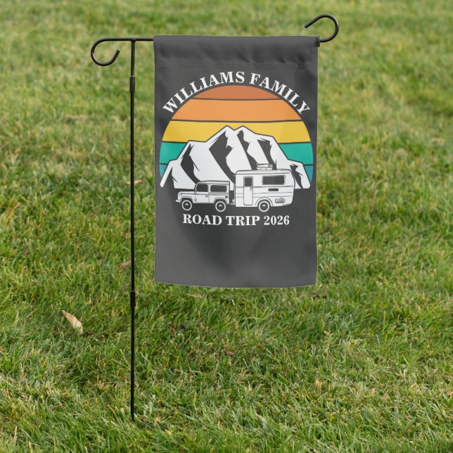 custom name family vacation mountain Road Trip Garden Flag (In SItu)