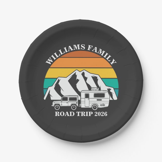 custom name family vacation mountain Road Trip Paper Plates (Front)