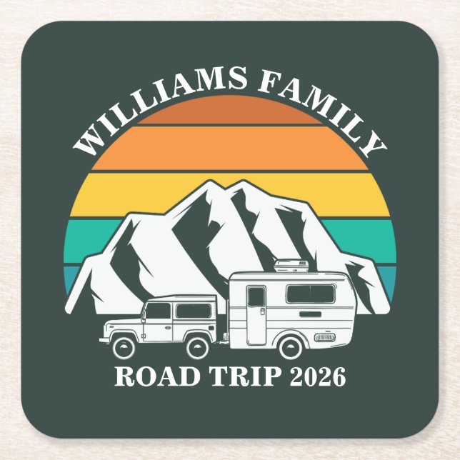 custom name family vacation mountain Road Trip Square Paper Coaster (Front)