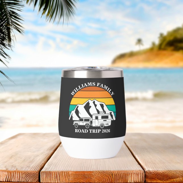 custom name family vacation mountain Road Trip Thermal Wine Tumbler (Beach (Rotated))