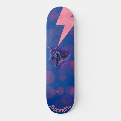 Custom Name Fantasy Unicorn Pink Lightening Skateboard
