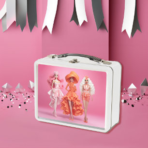 CUSTOM name Fashion Doll Collection Pink Orange Metal Lunch Box