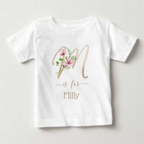 Custom Name Faux Gold Initial Watercolor Flowers Baby T_Shirt