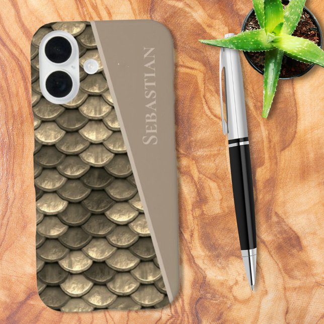 Custom Name Faux Metallic Scales Steampunk Case-Mate iPhone Case (Template text diagonal scales phone case)