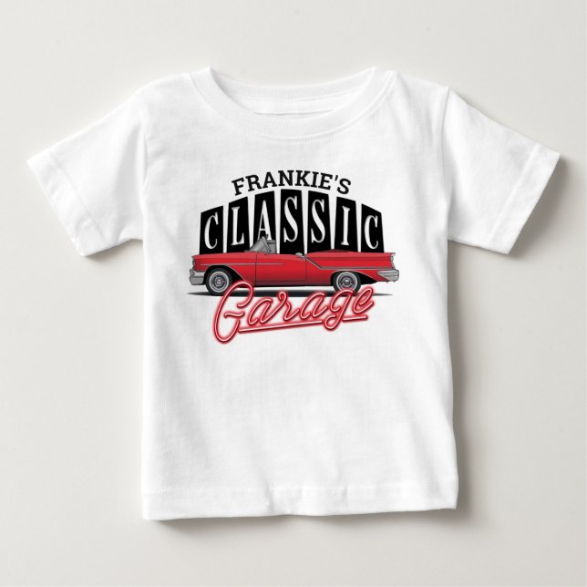 Custom NAME Faux Neon 1950's Classic Car Garage Baby T-Shirt (Front)