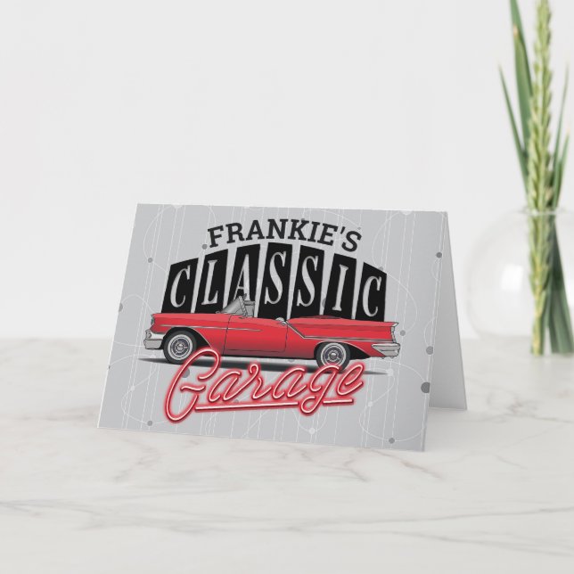 Custom NAME Faux Neon 1950's Classic Car Garage Card (Front)