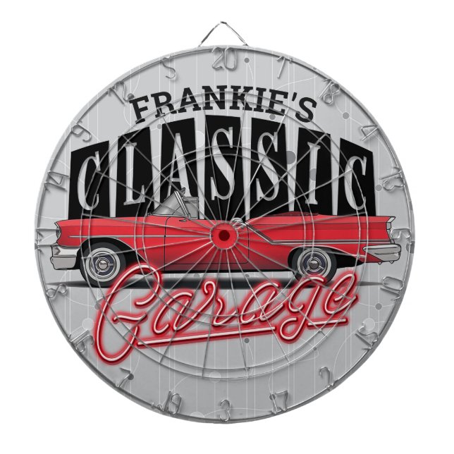 Custom NAME Faux Neon 1950's Classic Car Garage Dart Board (Front)