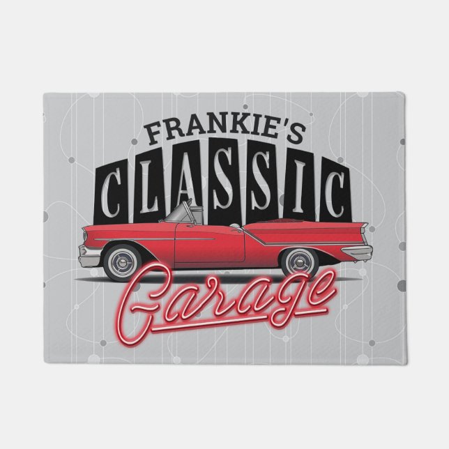 Custom NAME Faux Neon 1950's Classic Car Garage Doormat (Front)