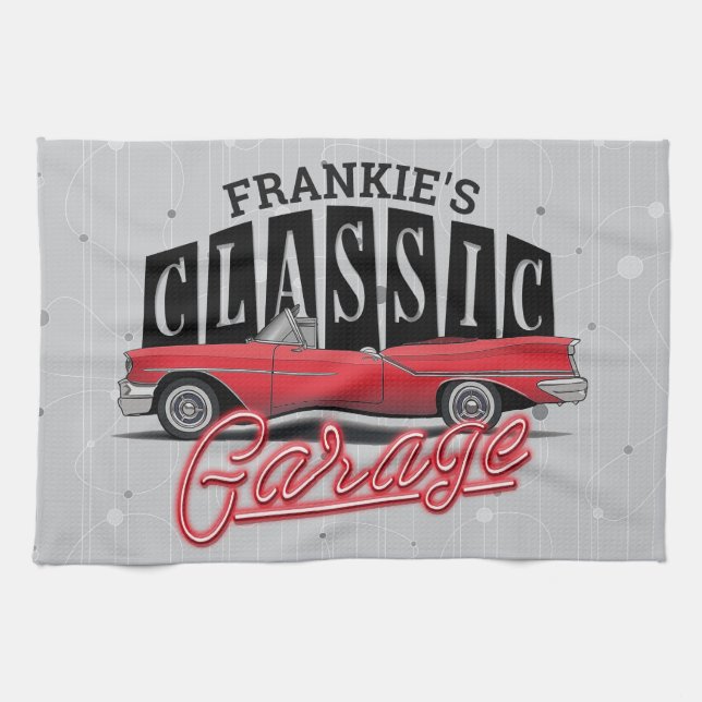 Custom NAME Faux Neon 1950's Classic Car Garage Kitchen Towel (Horizontal)