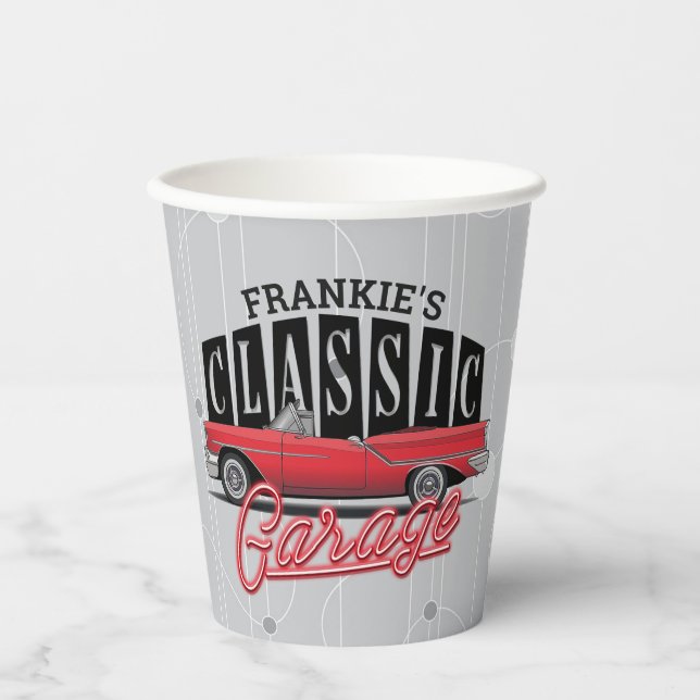 Custom NAME Faux Neon 1950's Classic Car Garage Paper Cups (Front)