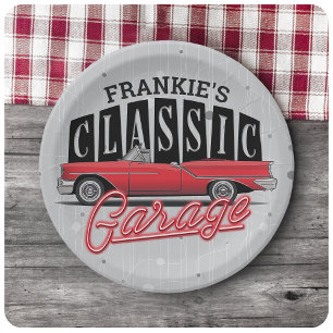 Custom NAME Faux Neon 1950's Classic Car Garage Paper Plates