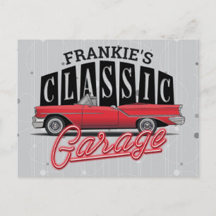 Custom NAME Faux Neon 1950's Classic Car Garage Postcard