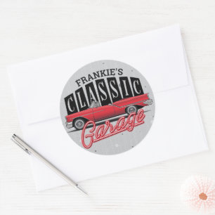 Custom NAME Faux Neon 1950's Classic Car Garage Round Sticker