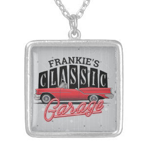 Custom NAME Faux Neon 1950's Classic Car Garage Silver Plated Necklace