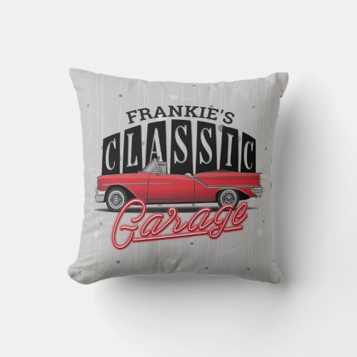 Custom NAME Faux Neon 1950s Classic Car Garage Throw Pillow