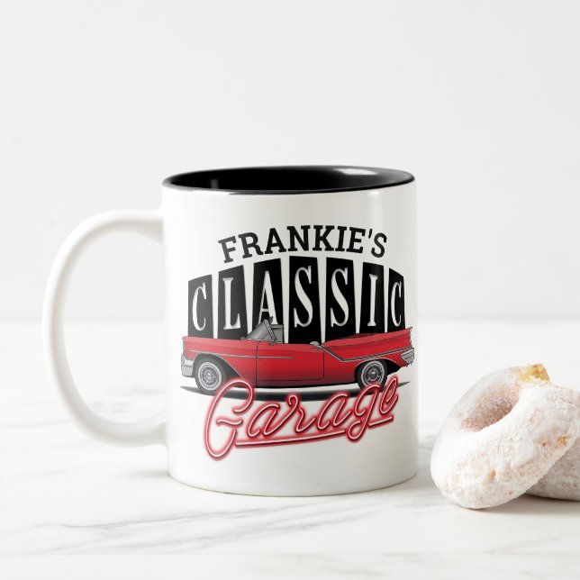 Custom NAME Faux Neon 1950's Classic Car Garage Two-Tone Coffee Mug (With Donut)