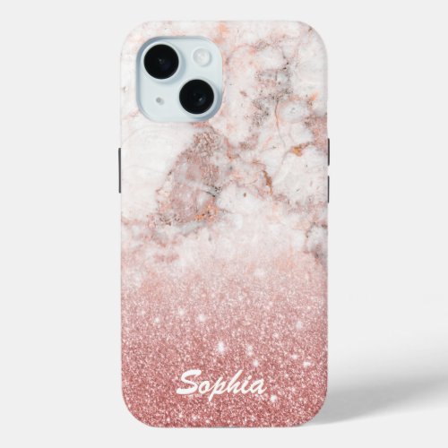 Custom Name Faux Rose Gold Glitter White Marble iPhone 15 Case