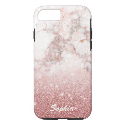 Custom Name Faux Rose Gold Glitter White Marble iPhone 8/7 Case