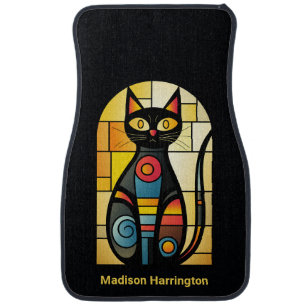 Custom Name Faux Stained Glass Cat Car Floor Mat