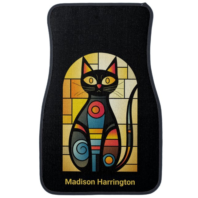 Custom Name Faux Stained Glass Cat Car Floor Mat (Front)