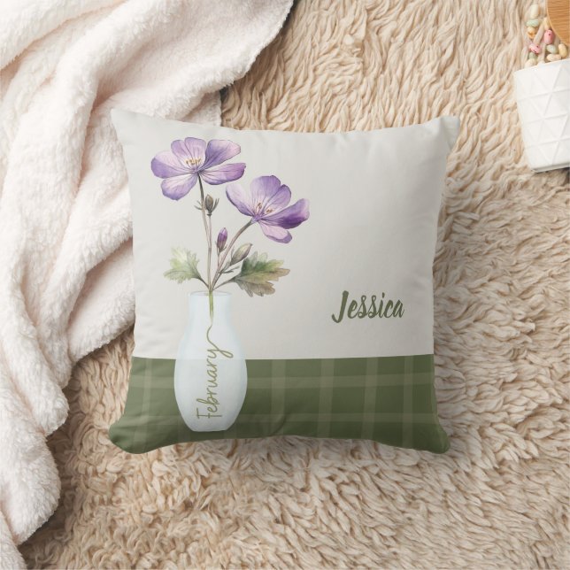 Custom Name February Birth Month Flower Violet Throw Pillow (Blanket)
