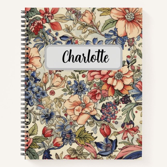 Custom name feminine elegant vintage floral  notebook (Front)