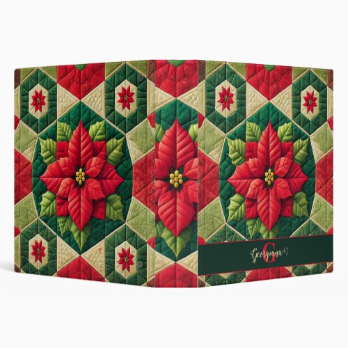 Custom Name Festive Floral Patchwork Poinsettia 3 Ring Binder