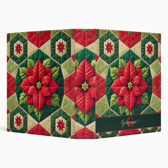 Custom Name Festive Floral Patchwork Poinsettia 3 Ring Binder (Background)
