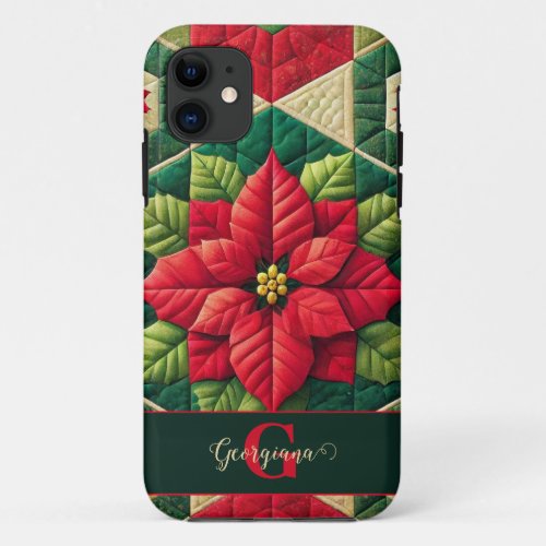 Custom Name Festive Floral Patchwork Poinsettia iPhone 11 Case